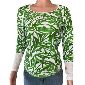 ATHLETA Swim Top Womens Medium White Green Print Long Sleeve Round Neck Stretch